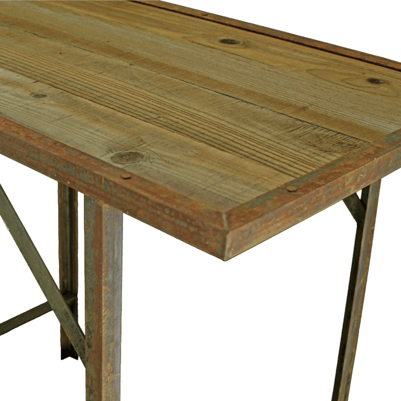 right side close up view of the lee display rustic outdoor work table
