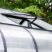 Close-up of an open adjustable roof vent and polycarbonate roofing on the Vego Garden Pacific Greenhouse.