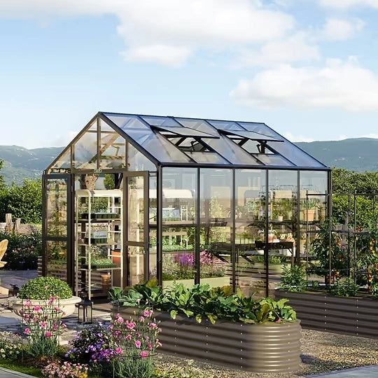 Vego Garden Victorian Greenhouse with transparent glass walls, polycarbonate roof, raised garden beds and flowering plants