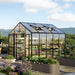 Vego Garden Victorian Greenhouse with transparent glass walls, polycarbonate roof, raised garden beds and flowering plants