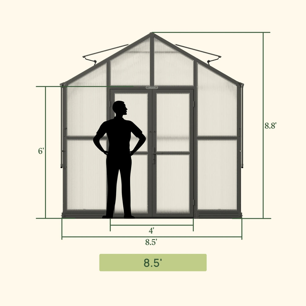 Front elevation diagram of the 8.5ft-wide Vego Victorian full-polycarbonate greenhouse showing width, height and double-door measurements