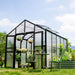 Vego Garden Victorian Greenhouse 8.5ft Wide with polycarbonate walls, pitched roof vents, open double doors and patio furniture.