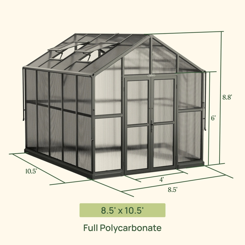 Dimension diagram of the Vego Victorian 8.5 by 10.5 foot greenhouse with full polycarbonate glazing