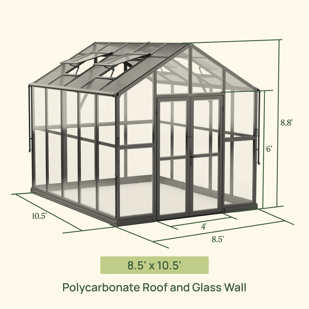 Dimension diagram of the Vego Victorian 8.5 by 10.5 foot greenhouse with glass walls and polycarbonate roof