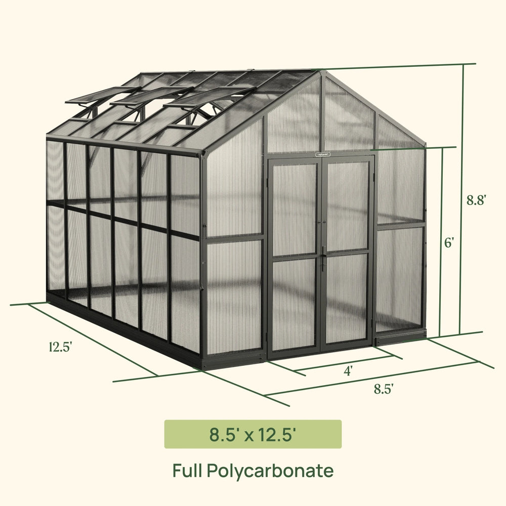 Dimension diagram of the Vego Victorian 8.5 by 12.5 foot greenhouse with full polycarbonate glazing