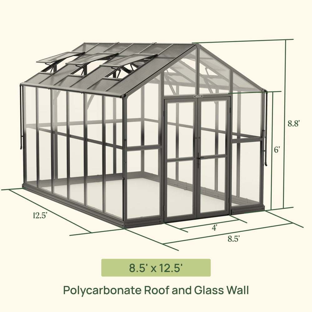 Dimension diagram of the Vego Victorian 8.5 by 12.5 foot greenhouse with glass walls and polycarbonate roof