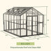 Dimension diagram of the Vego Victorian 8.5 by 12.5 foot greenhouse with glass walls and polycarbonate roof