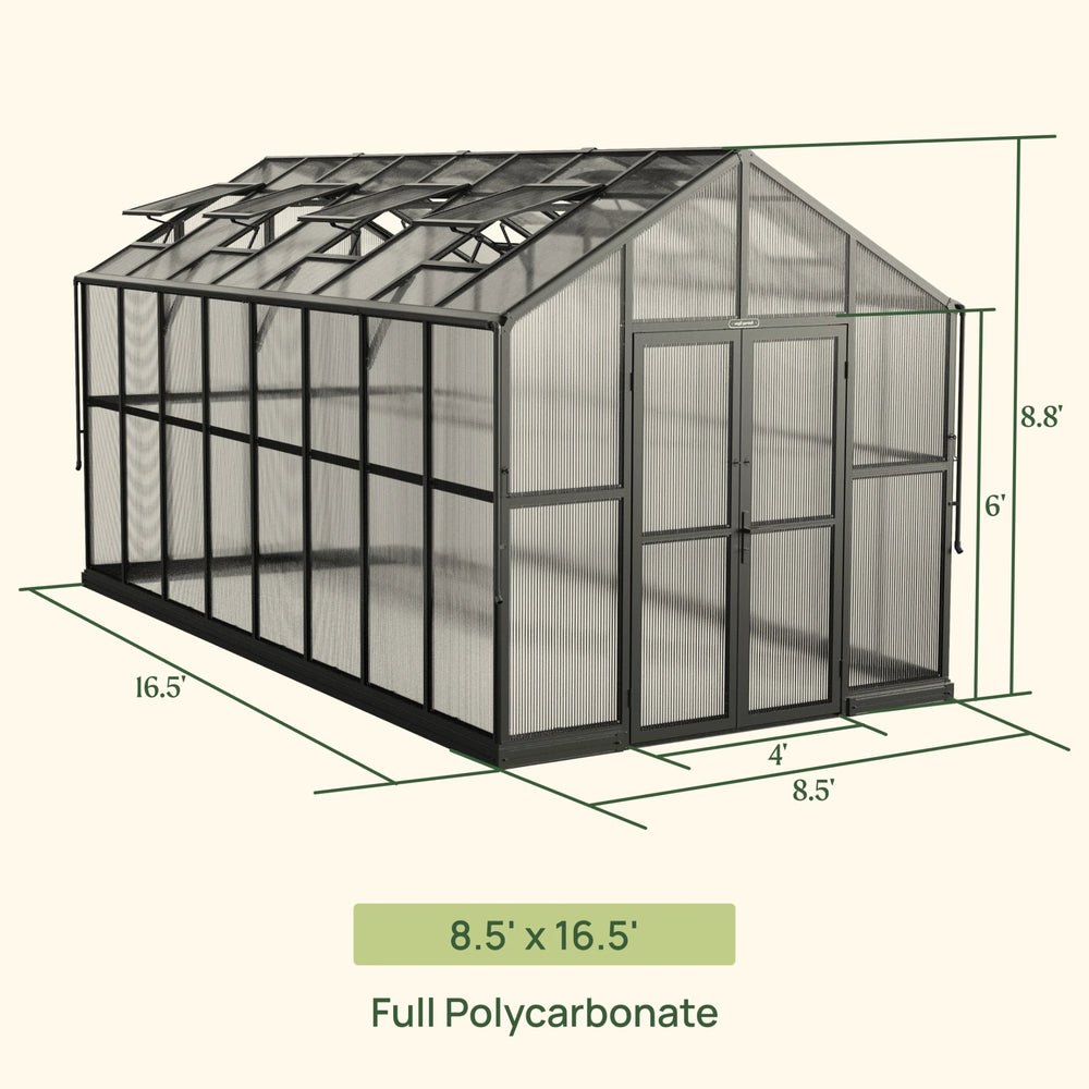 Dimension diagram of the Vego Victorian 8.5 by 16.5 foot greenhouse with full polycarbonate glazing