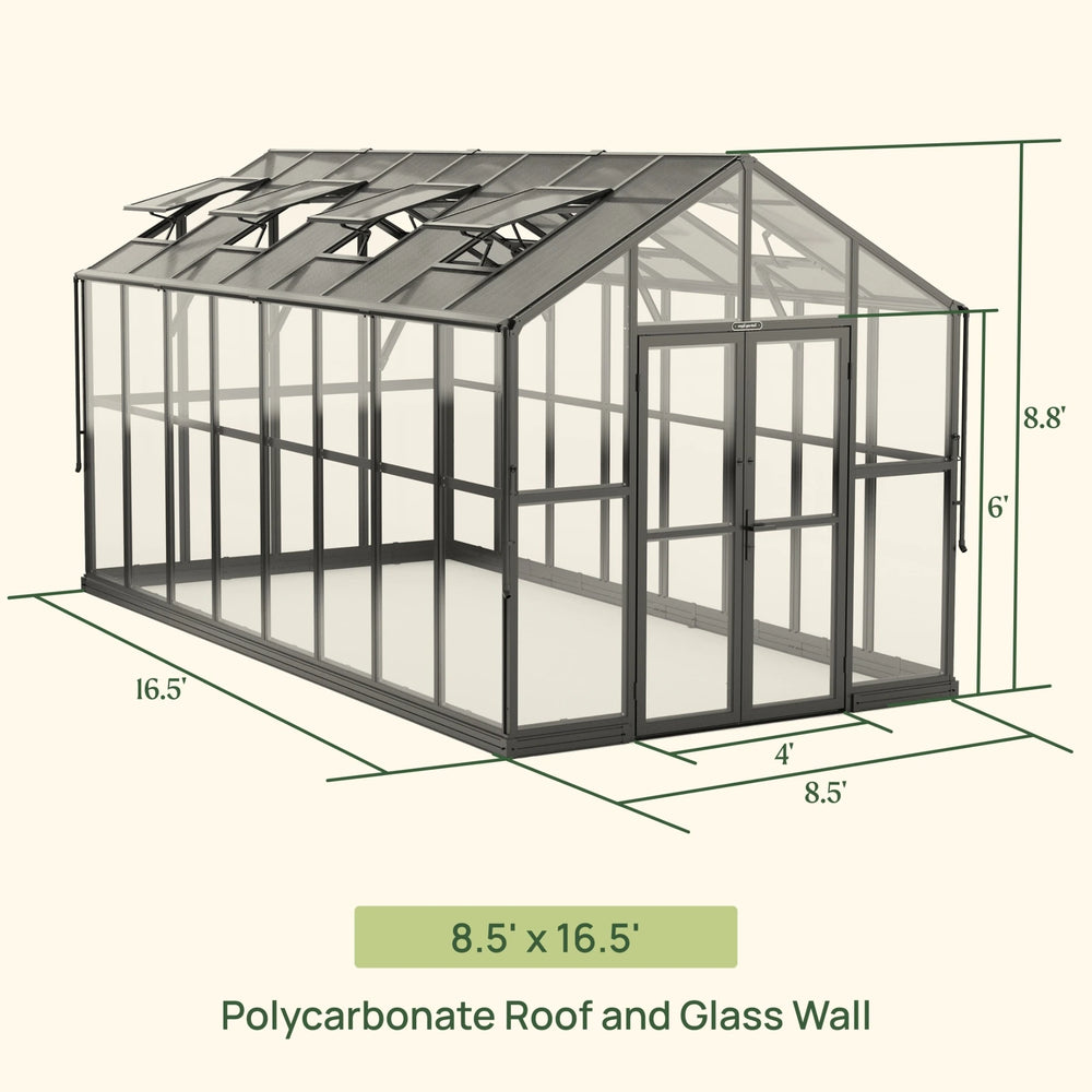 Dimension diagram of the Vego Victorian 8.5 by 16.5 foot greenhouse with glass walls and polycarbonate roof