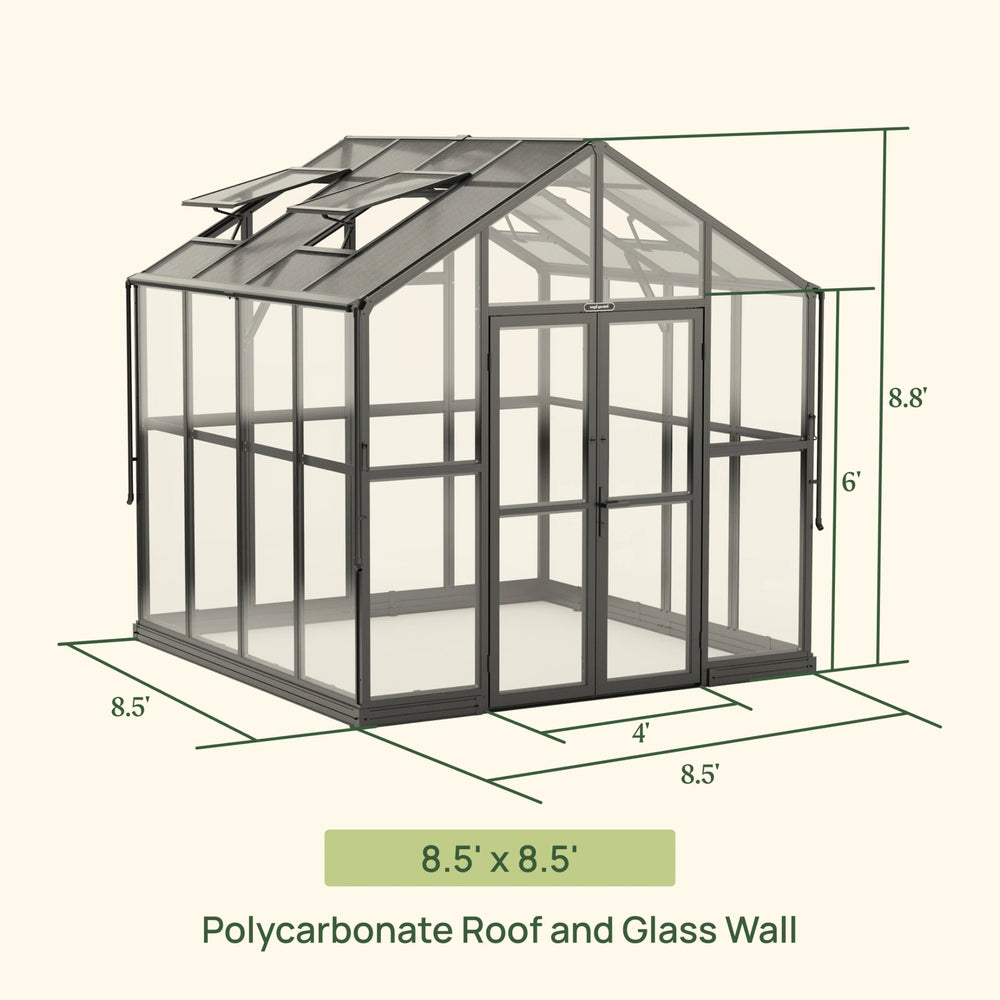 Dimension diagram of the Vego Victorian 8.5 by 8.5 foot greenhouse with glass walls and polycarbonate roof