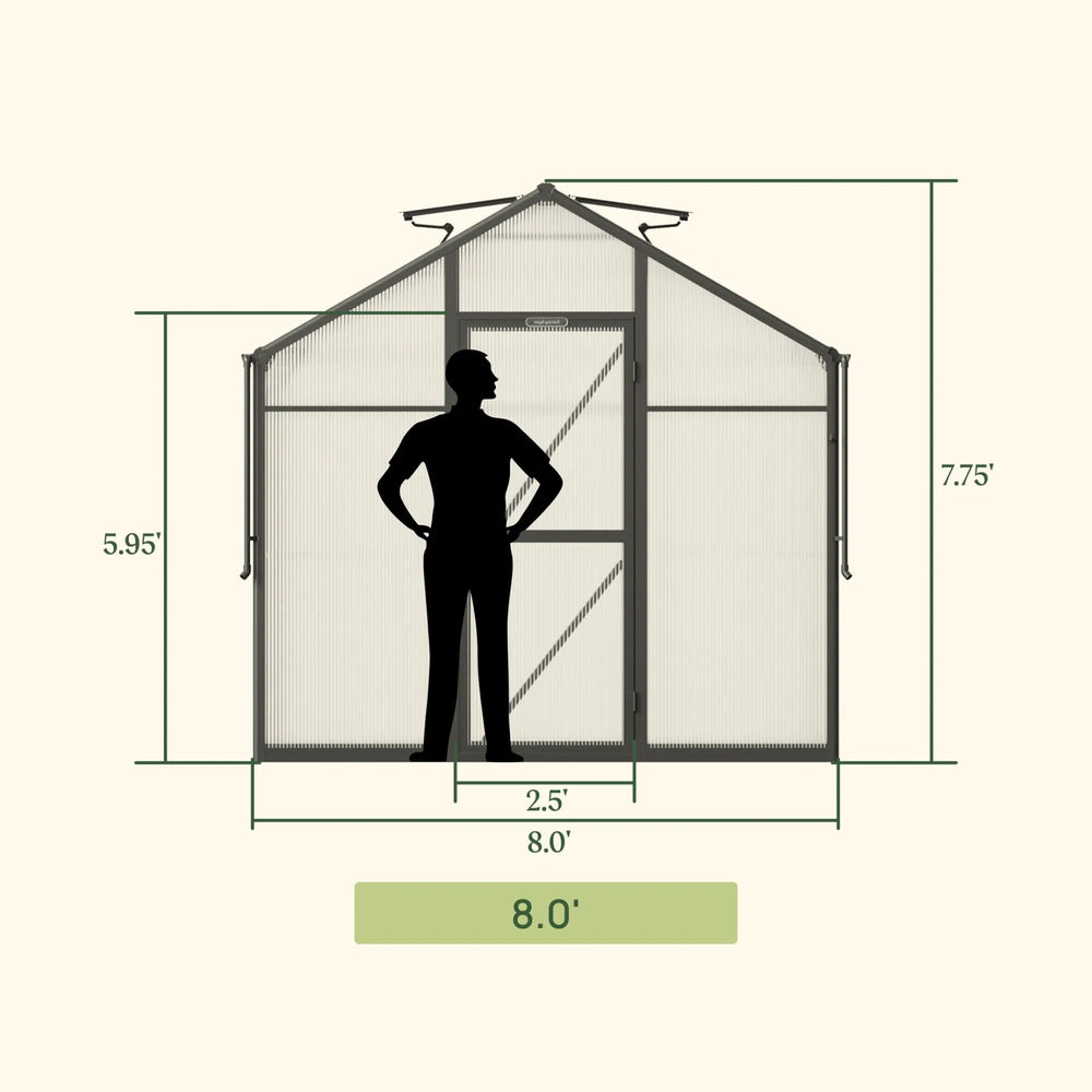 Front view of Vego Junior Victorian Greenhouse 8ft wide showing 7.75ft peak height, 5.95ft door height, and 2.5ft door width