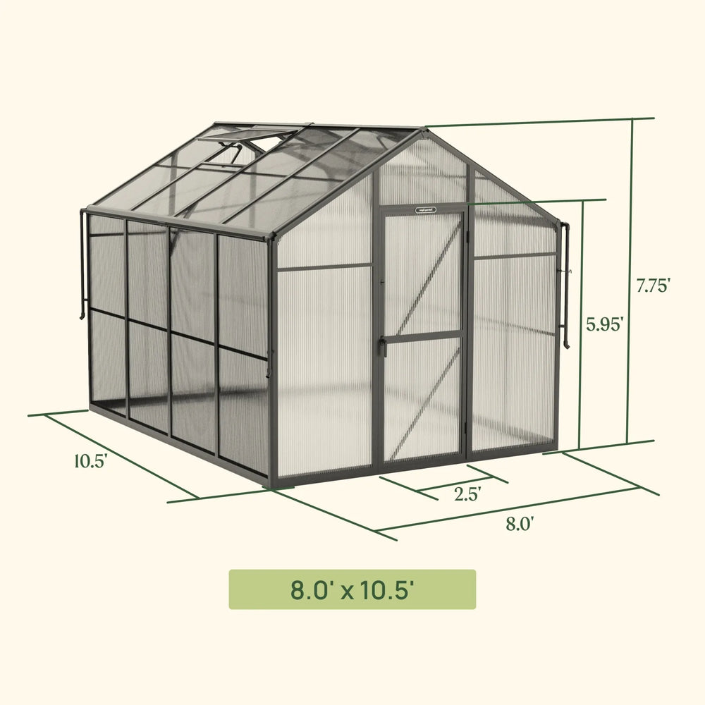 Vego Junior Victorian Greenhouse 8 x 10.5ft dimension diagram showing 7.75ft peak height, 2.5ft door width, and polycarbonate construction