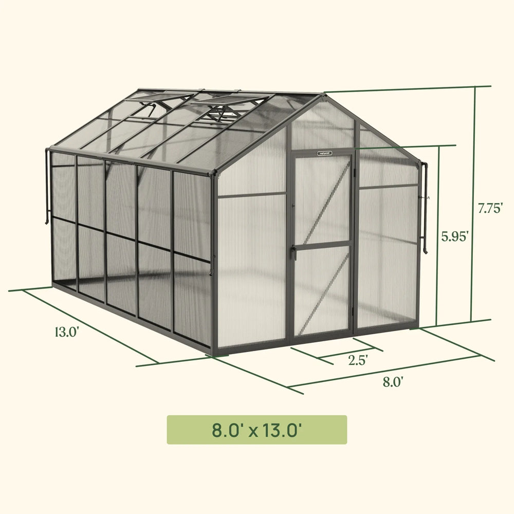 Vego Junior Victorian Greenhouse 8 x 13ft dimension diagram showing black aluminum frame, polycarbonate panels, gable roof, and single hinged door