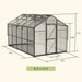 Vego Junior Victorian Greenhouse 8 x 13ft dimension diagram showing black aluminum frame, polycarbonate panels, gable roof, and single hinged door