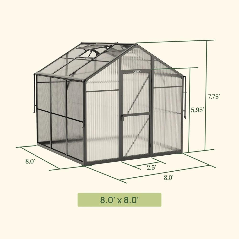 Vego Junior Victorian Greenhouse 8 x 8ft dimension diagram showing classic gable roof, black aluminum frame, and 7.75ft peak height