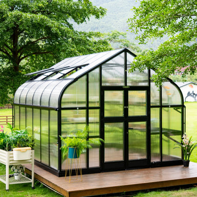 exterior view of the Vego Garden Pacific 10.5ft Wide Greenhouse with black aluminum framing and polycarbonate panels