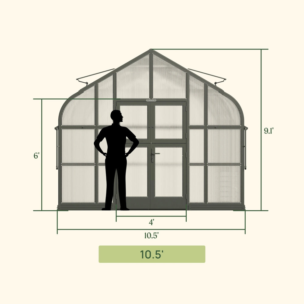 Front dimension diagram of the Vego Pacific Greenhouse showing 10.5-foot width, 9.1-foot peak height and 4-foot doorway width