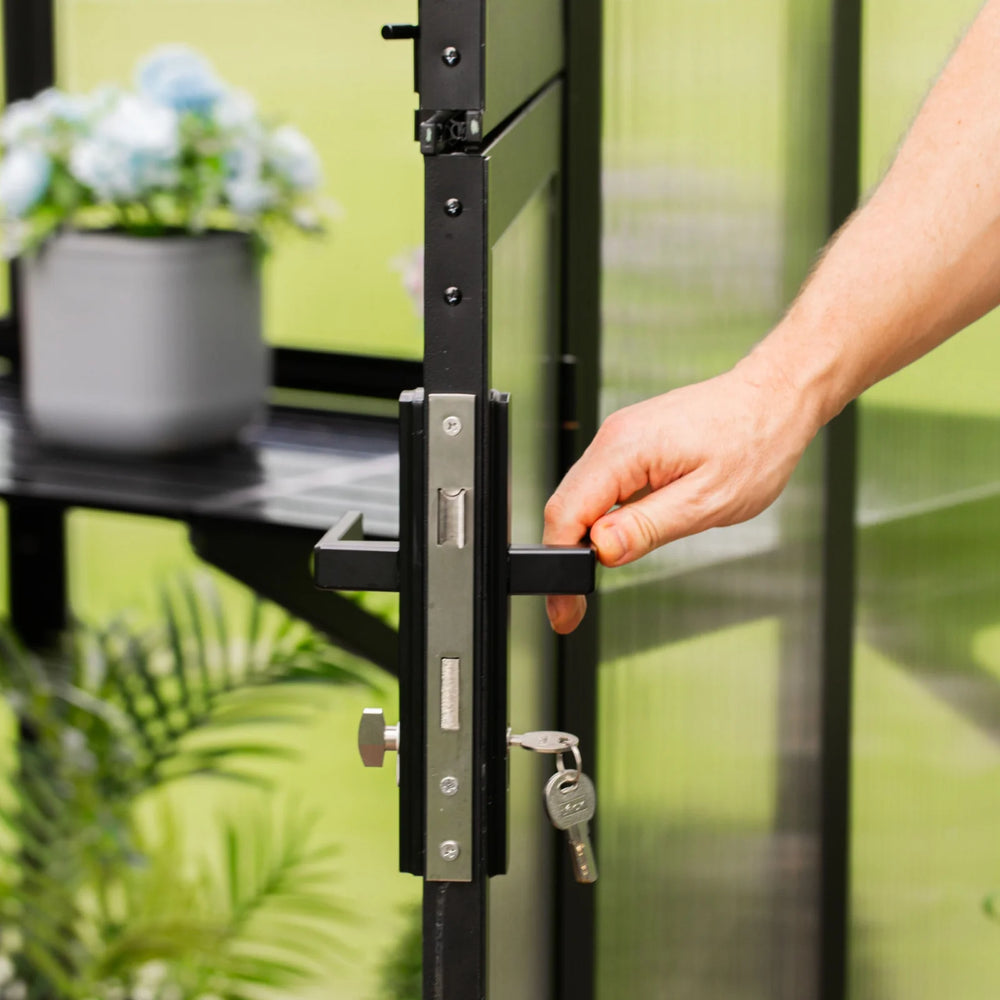 Close-up of the lockable door handle and key on the Vego Pacific 10.5ft greenhouse