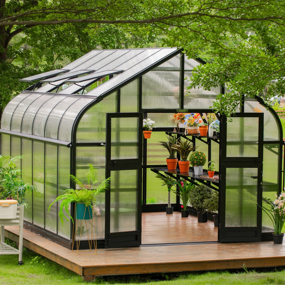 Angled view through the open double doors of the Vego Pacific 10.5ft greenhouse showing growing benches and potted plants