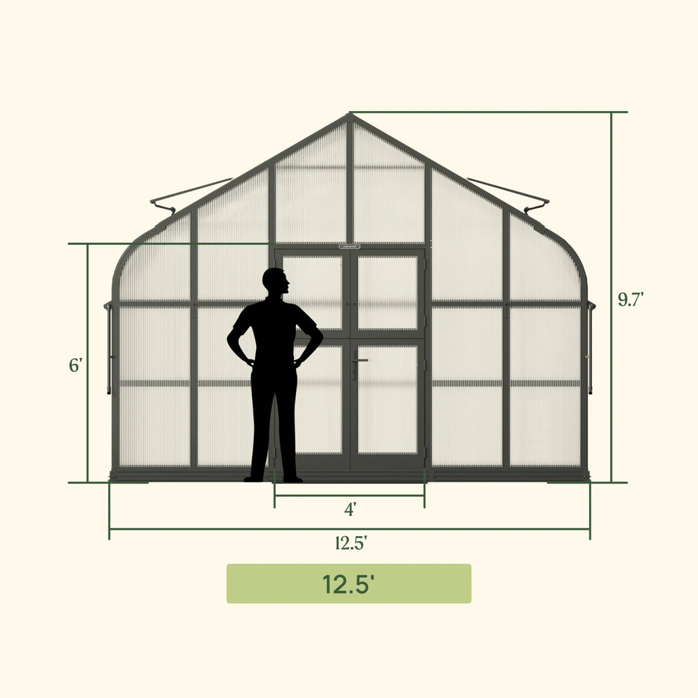 Front dimension diagram of the Vego Pacific greenhouse showing 12.5-foot width, 9.7-foot peak height and 4-foot doorway.