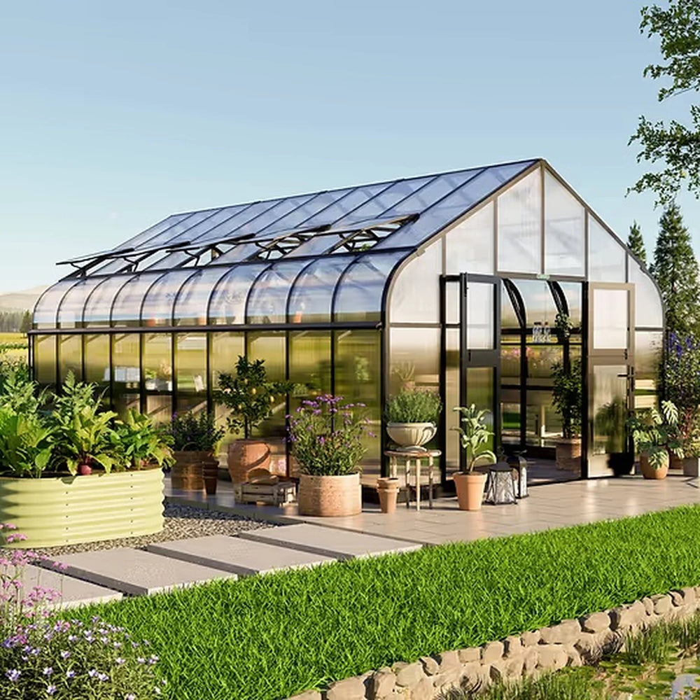 garden setting showing the Vego Pacific 12.5ft greenhouse with open double doors and surrounding planters.