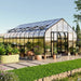 garden setting showing the Vego Pacific 12.5ft greenhouse with open double doors and surrounding planters.