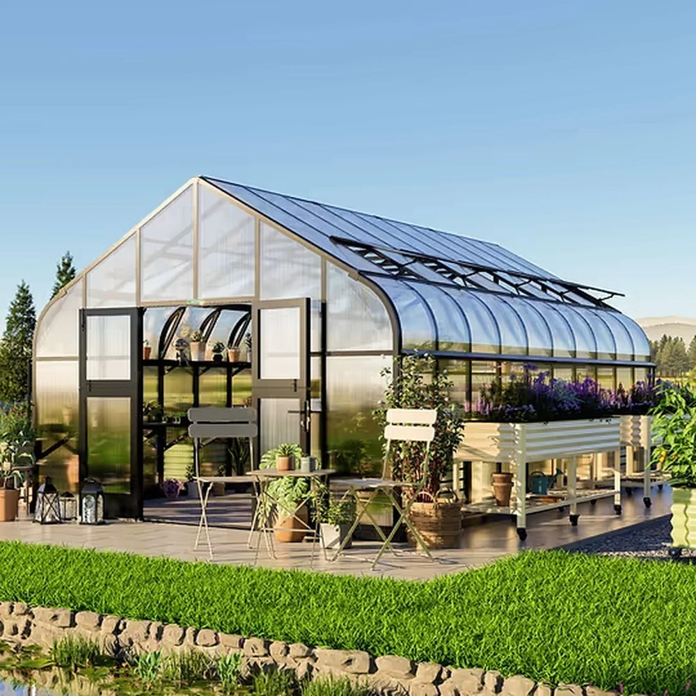 angled exterior view of the Vego Pacific 12.5ft greenhouse with garden benches and flower planters.