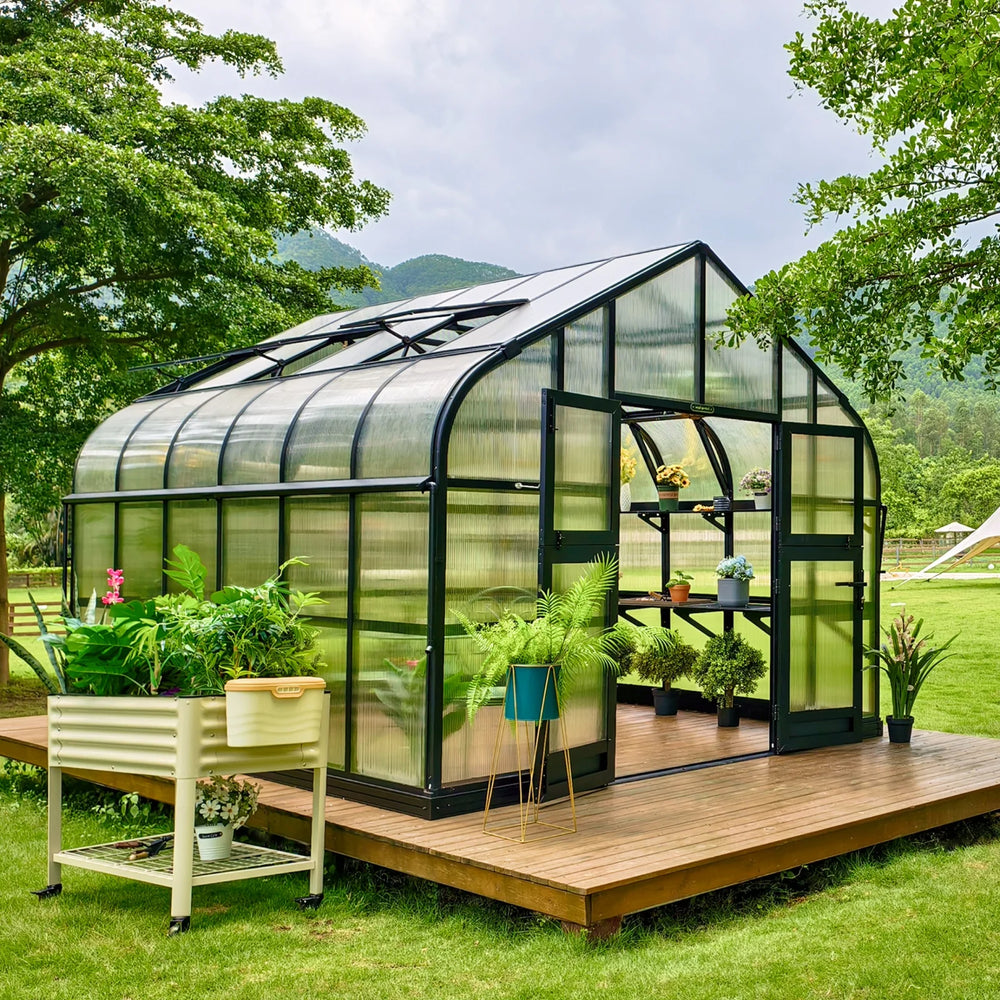 Three-quarter exterior view of the Vego Garden Pacific 12.5ft Wide Greenhouse with Dutch-style doors open.