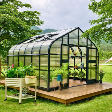 Three-quarter exterior view of the Vego Garden Pacific 12.5ft Wide Greenhouse with Dutch-style doors open.