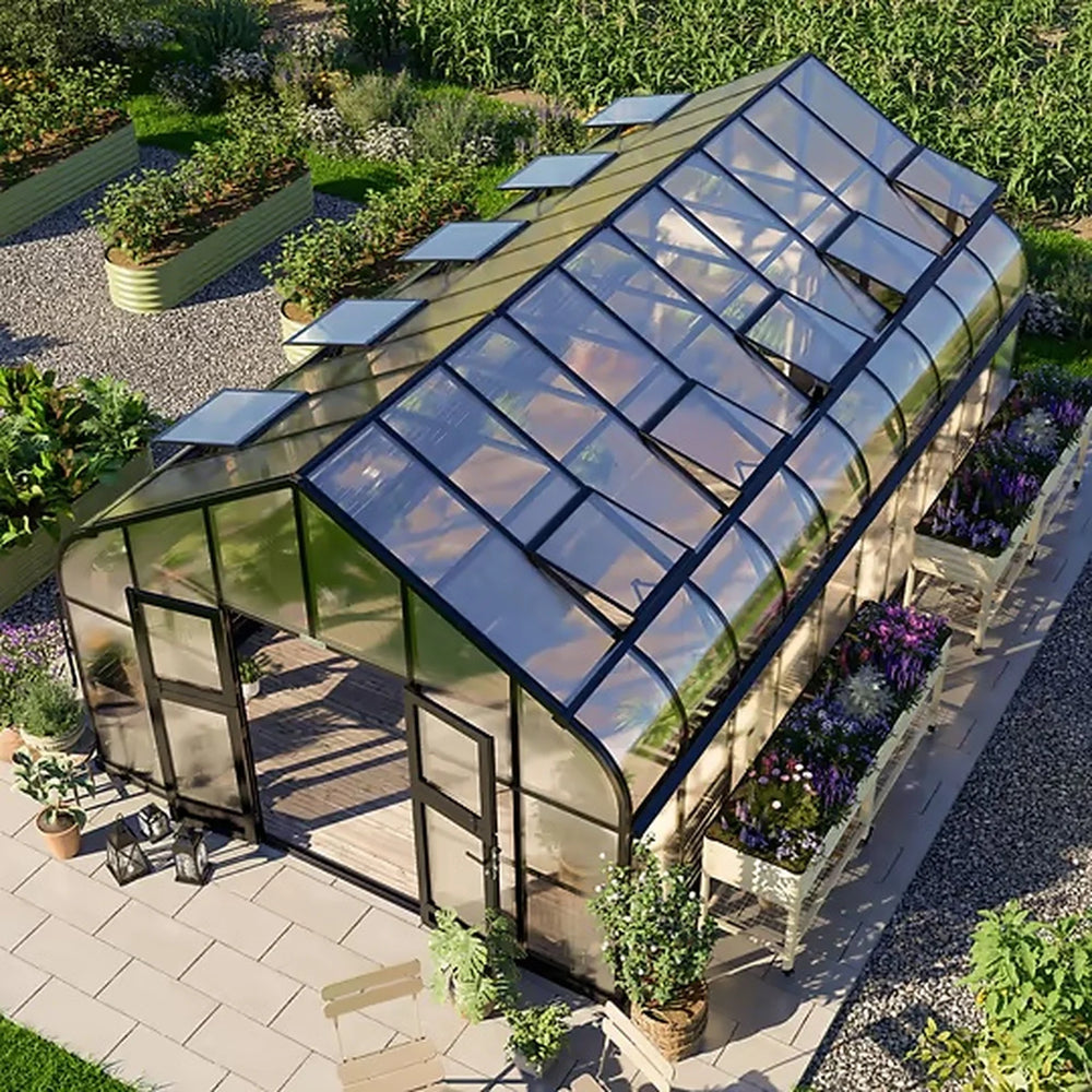 Elevated view of the Vego Garden Pacific 12.5ft greenhouse showing its roof panels and ventilation layout.