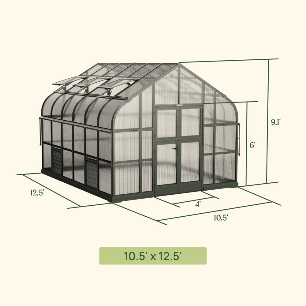 Vego Pacific Greenhouse 10.5 by 12.5 feet dimensional diagram showing exterior width, length, height and double doors