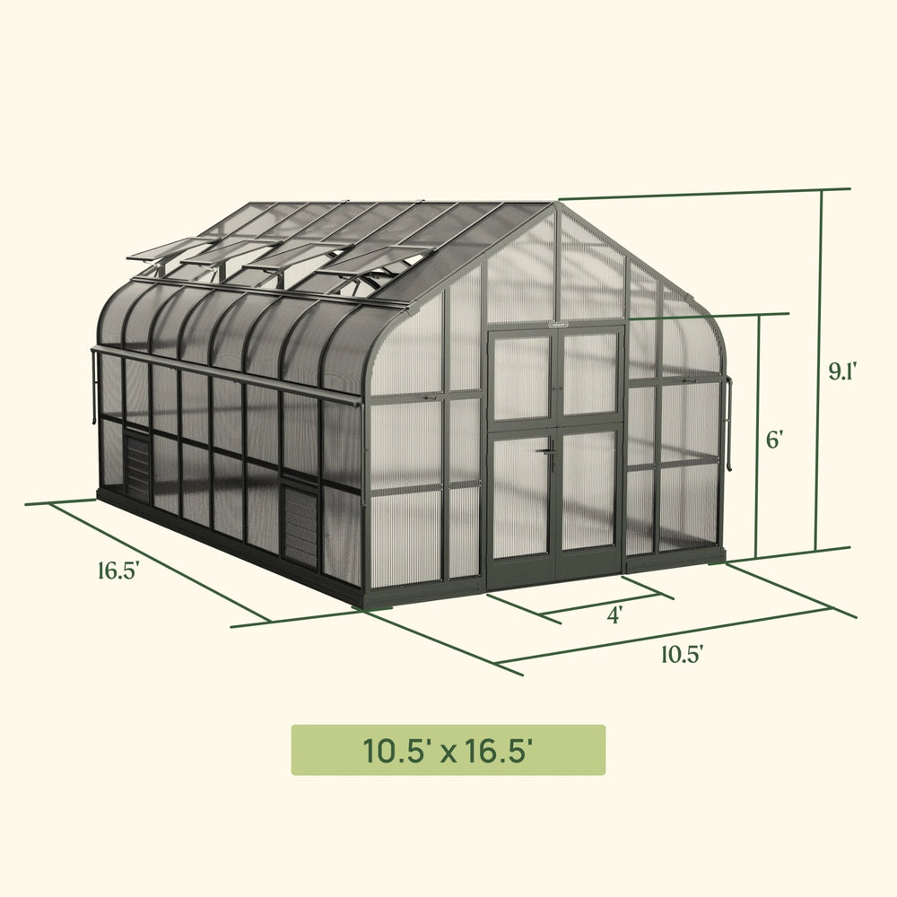Vego Pacific Greenhouse 10.5 by 16.5 feet dimensional diagram showing exterior width, length, height and double doors