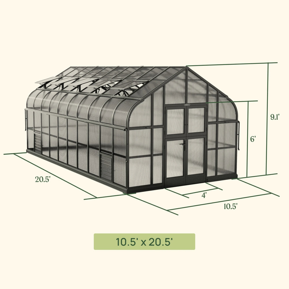 Vego Pacific Greenhouse 10.5 by 20.5 feet dimensional diagram showing exterior width, length, height and double doors