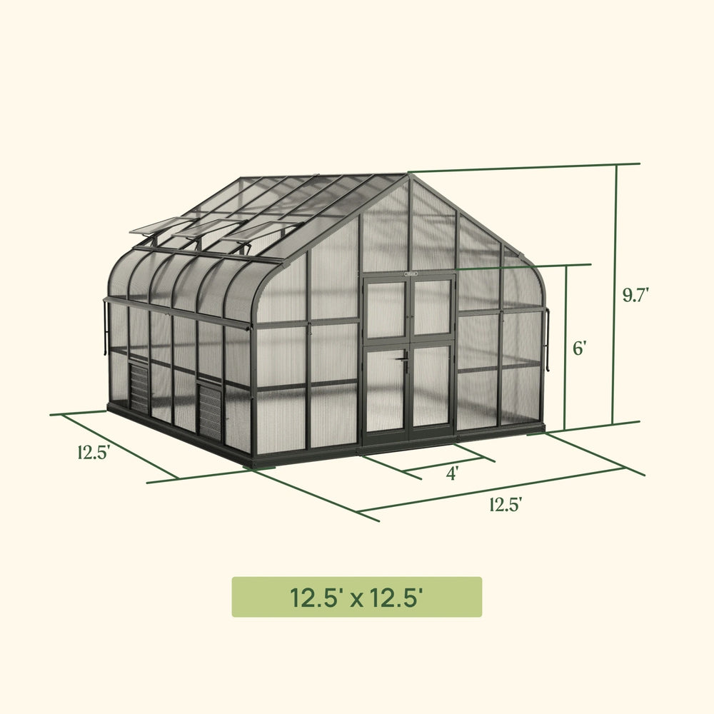 Vego Pacific Greenhouse 12.5 by 12.5 feet dimensional drawing showing exterior width, length, height and doors.