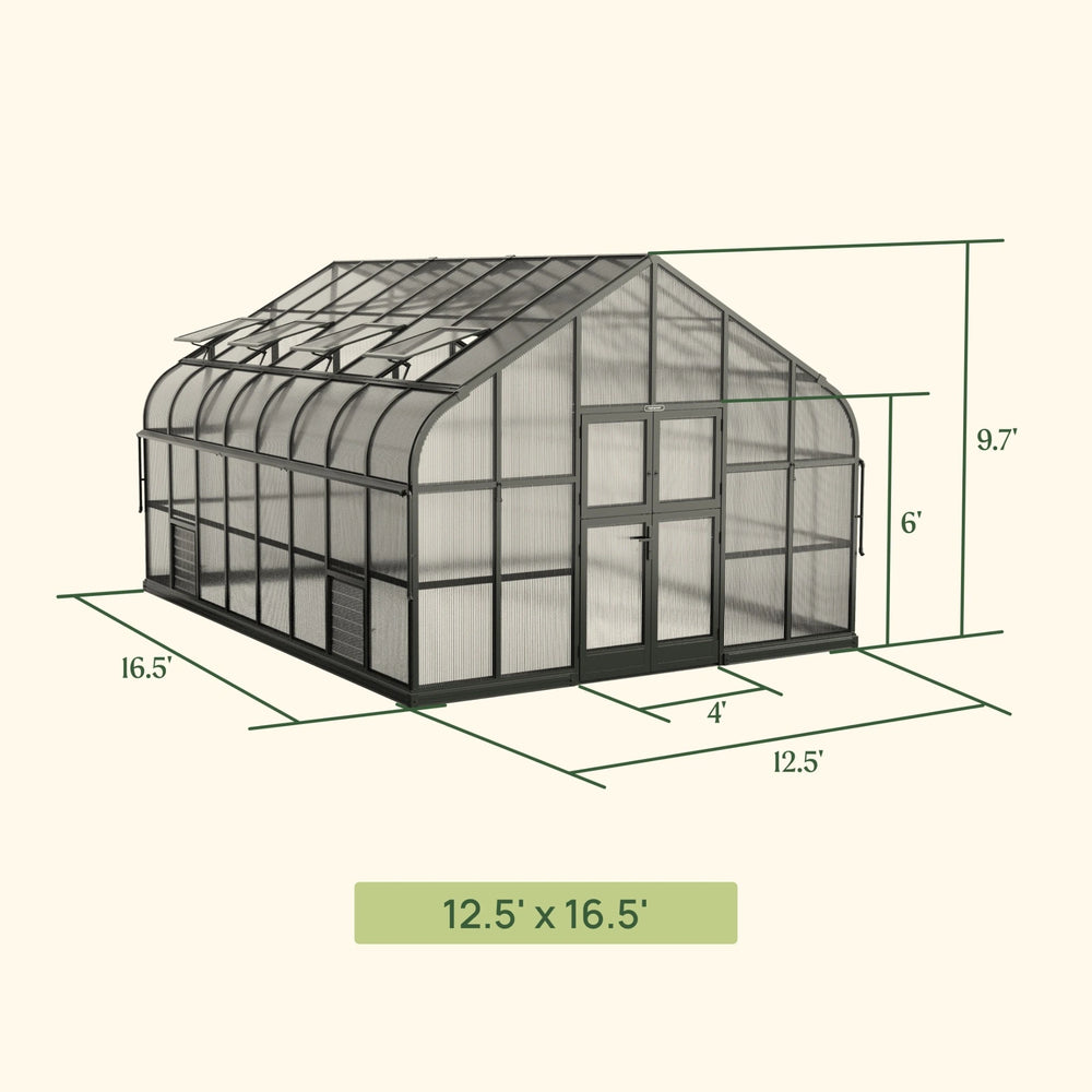 Vego Pacific Greenhouse 12.5 by 16.5 feet dimensional drawing showing exterior width, length, height and doors.