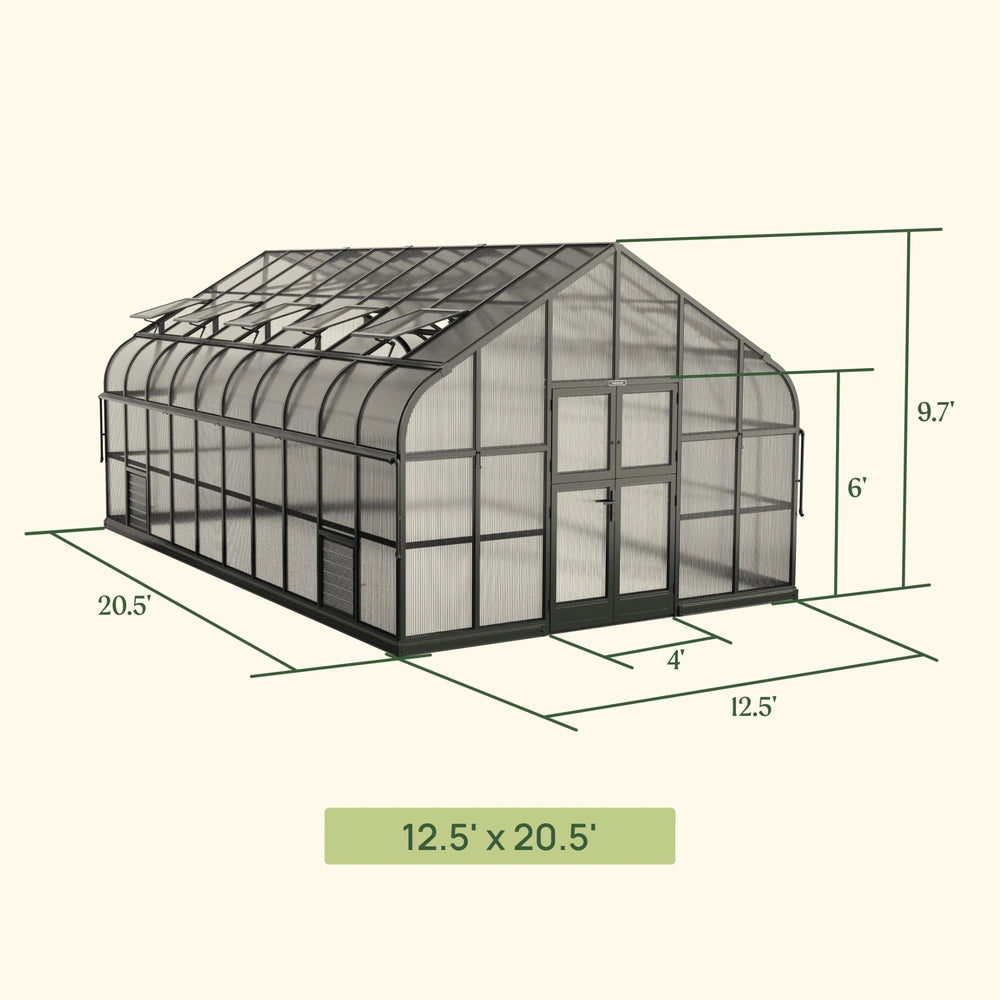 Vego Pacific Greenhouse 12.5 by 20.5 feet dimensional drawing showing exterior width, length, height and doors.