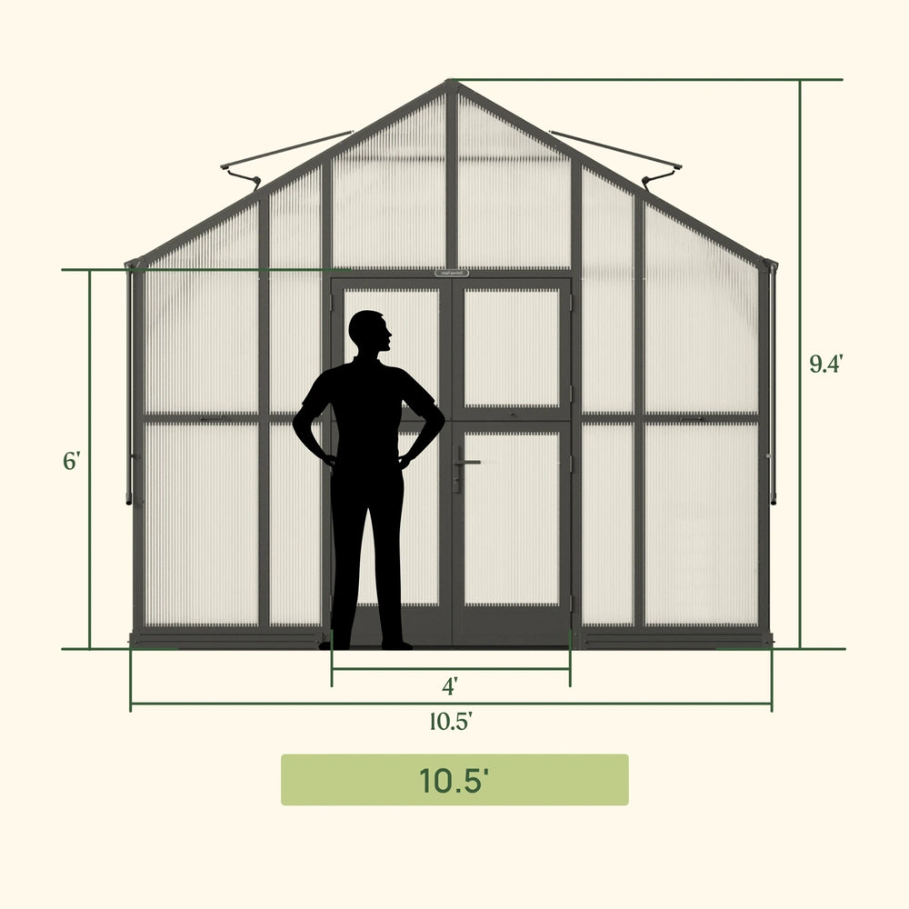 Front elevation of Vego Victorian Greenhouse 10.5ft Wide showing overall width, height and double-door dimensions