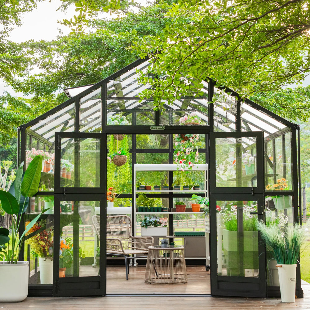 Front view of the Vego Victorian Greenhouse 10.5ft Wide with glass walls, open double doors and plants
