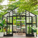 Front view of the Vego Victorian Greenhouse 10.5ft Wide with glass walls, open double doors and plants
