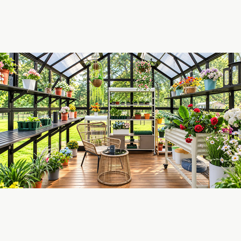 Illustrative Victorian-style greenhouse interior with planting benches, potted flowers and a wicker seating area