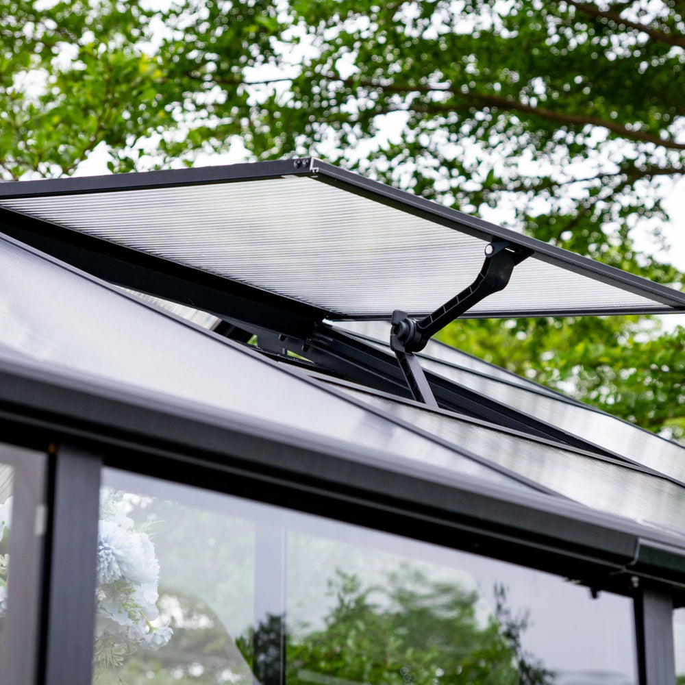 Open polycarbonate roof ventilation window and support mechanism on the Vego Victorian Greenhouse 10.5ft Wide