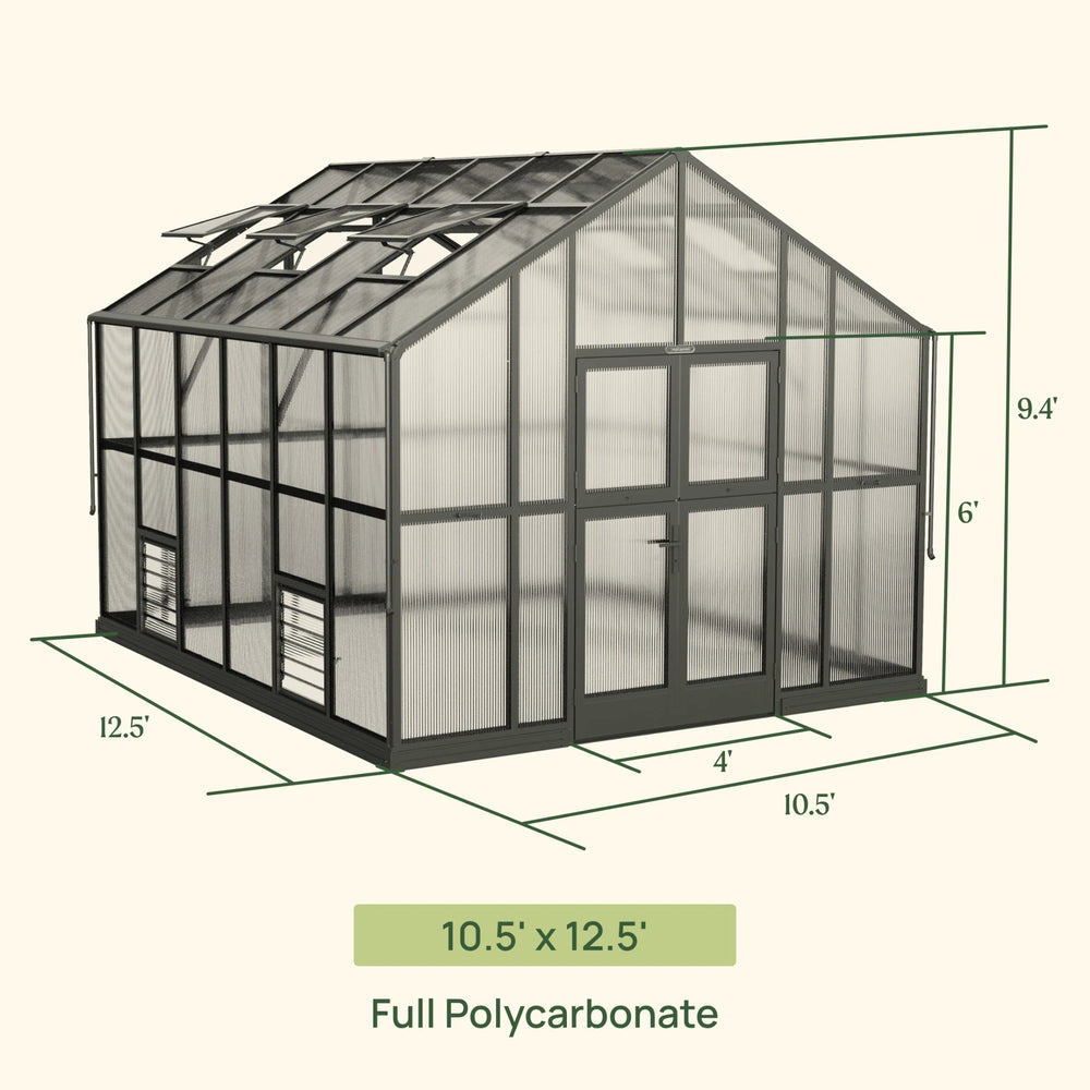 Vego Victorian Greenhouse 10.5 x 12.5 ft full-polycarbonate model with greenhouse dimensions and roof vents illustrated