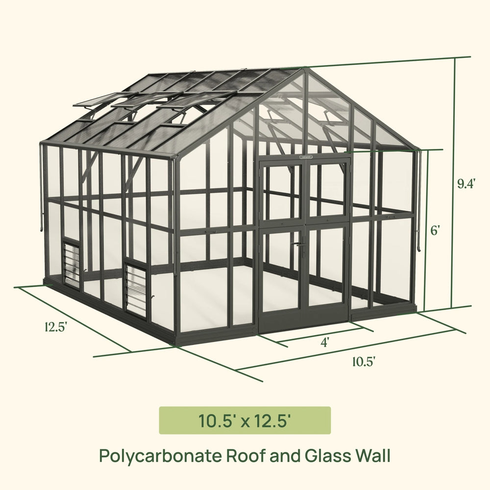 Vego Victorian Greenhouse 10.5 x 12.5 ft glass-hybrid model with tempered glass walls, polycarbonate roof and dimension labels