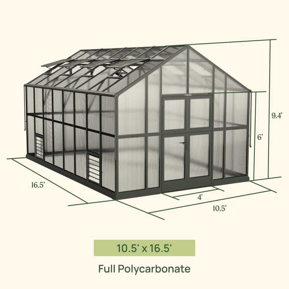 Vego Victorian Greenhouse 10.5 x 16.5 ft full-polycarbonate model with greenhouse dimensions and roof vents illustrated