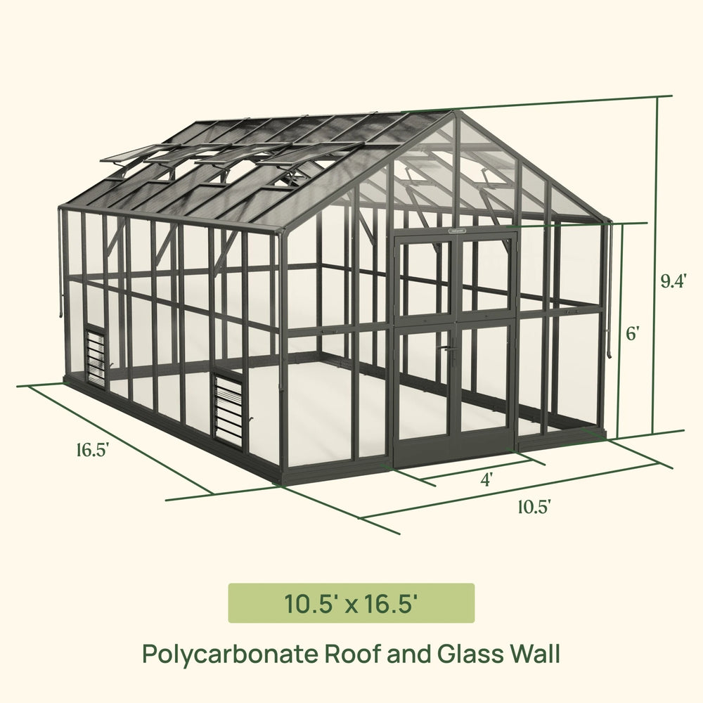 Vego Victorian Greenhouse 10.5 x 16.5 ft glass-hybrid model with tempered glass walls, polycarbonate roof and dimension labels