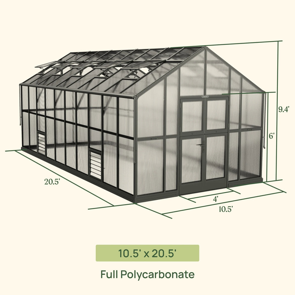 Vego Victorian Greenhouse 10.5 x 20.5 ft full-polycarbonate model with roof vents and exterior dimensions