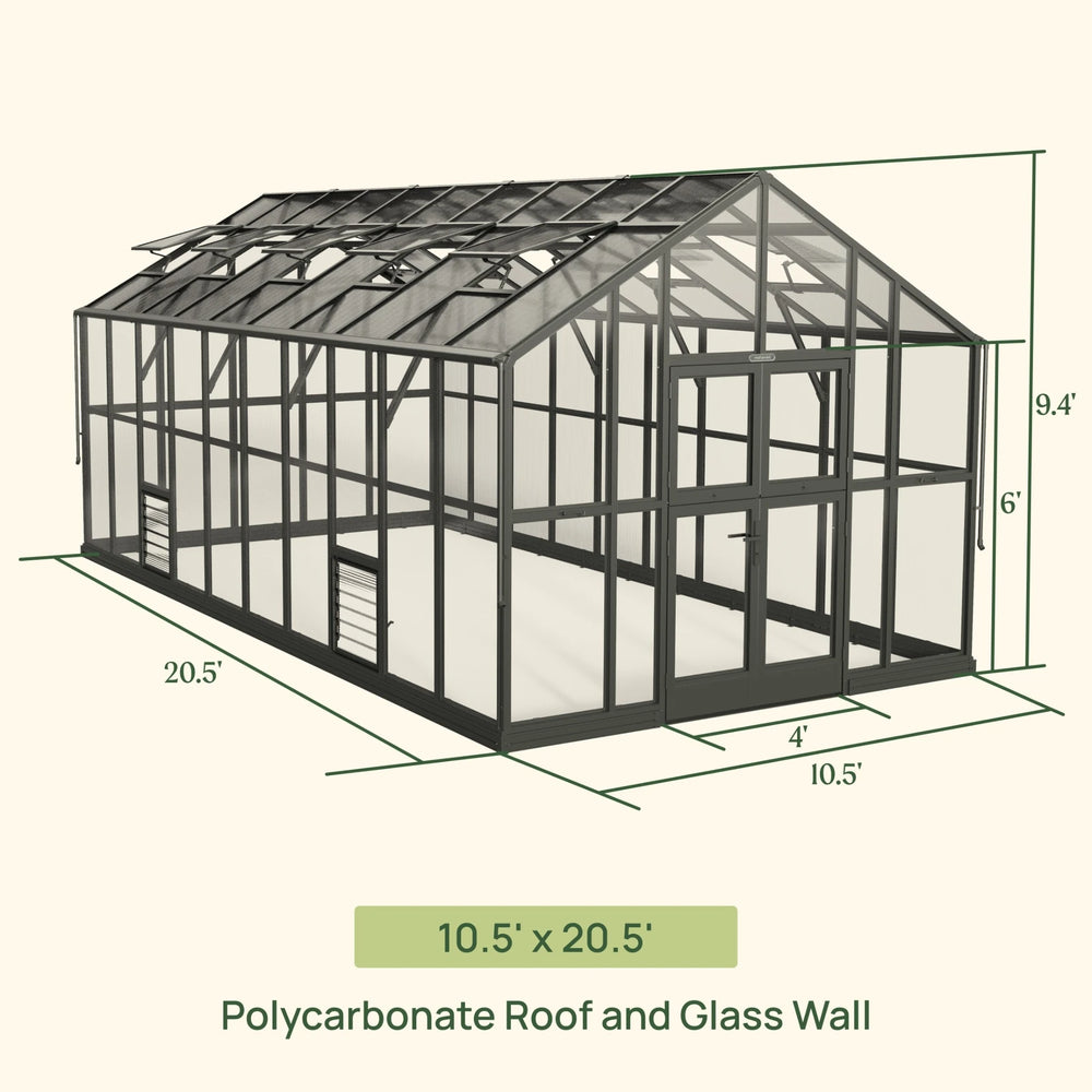 Vego Victorian Greenhouse 10.5 x 20.5 ft glass-hybrid model with tempered glass walls, polycarbonate roof and dimension labels